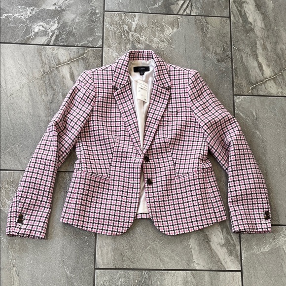 🤍 NWT J. Crew Campbell Blazer Size Medium Wool Blend Pink Houndstooth Burgundy - Picture 2 of 7